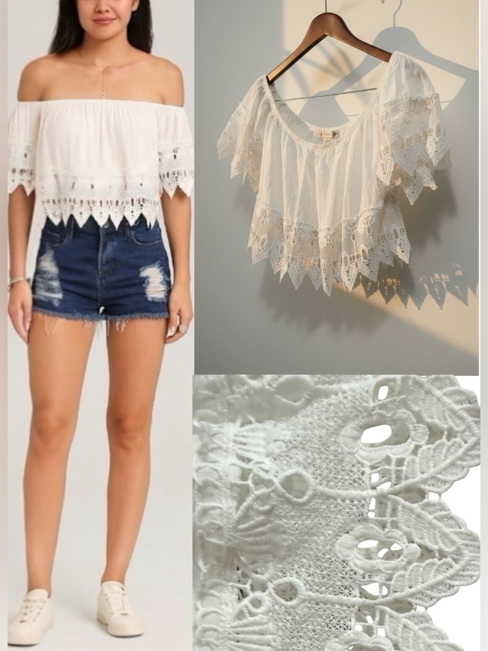 223 Iris | NWOT White Off-Shoulder Lace Hem Crop Top (Size L) - 3for15